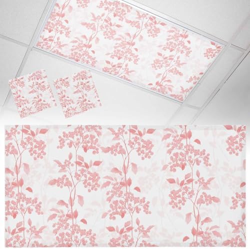 Pink Flower Leaves Magnetic Fluorescent Light Covers for Ceiling Lights 2 x 4 Feet,Grey Modern Pastel White Floral Spring Summer Office Classroom Kitchen Drop Ceiling Light Filter Covers 2 Packs