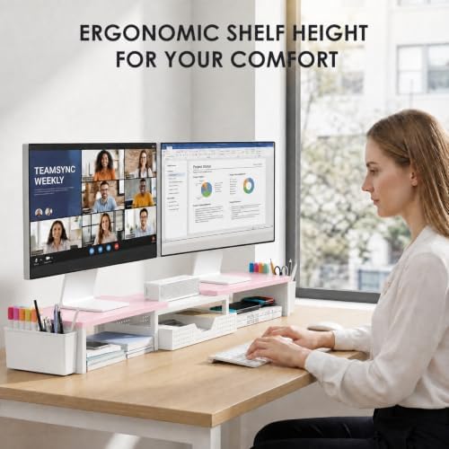 OPNICE Desk Organizers and Accessories, Dual Monitor Stand Riser with Drawer and 2 Pen Holders, Desk Shelf Printer Stand for Office Workspace Organizers, Desktop Organization (Pink-White)