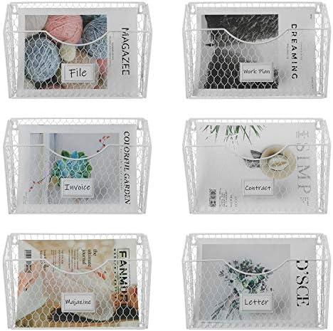PAG-Mass 6 Pockets Hanging File Holder Wall Mount Mail Organizer Metal Chicken Wire Magazine Rack with Tag Slot, White