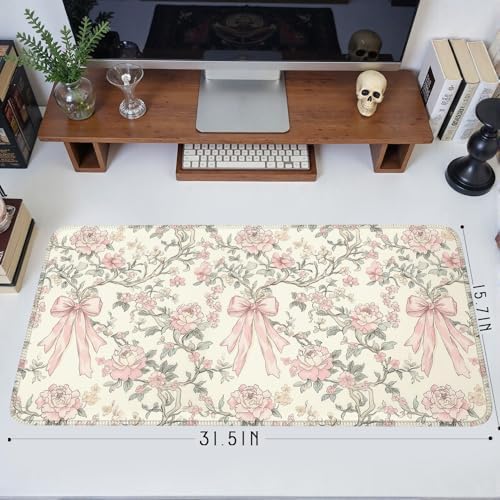 Floral Desk Mat Vintage Chinoiserie Large Mouse Pad Coquette Aesthetic Office Decor Flower Pink Bow Gaming Pad Cottagecore Desk Decor