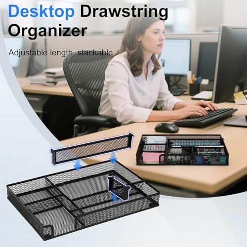 Desk Organizer, Desk Drawer Organizer Tray with Adjustable Dividers, Black Desktop Metal Mesh Office Desk Organizer, Stackable Multifunctional Pen Organizer for Office School Home Makeup Supplies (1)