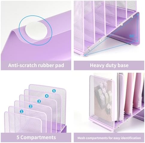LEKETREE Purple File Organizer for Desk, Desk Organizer with 5-Section Vertical File Rack, File Folder Organizer (Purple)