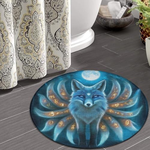 Machine Washable Modern Round Area Rug, Room Sofa Yoga Soft Round Carpet, Home Decor Non Slip Kitchen Office Circle Rug Magical Nine Tailed Fox Art, 24inch