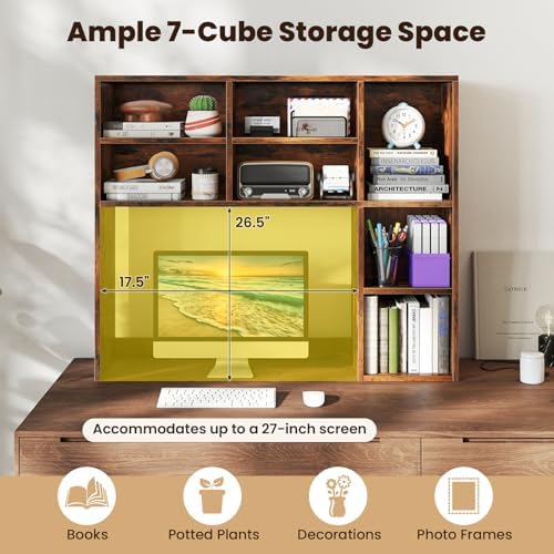 Giantex Desktop Bookshelf, Desk Hutch Dorm w/ 7 Cubes & 3 Adjustable Shelves, Desk Shelf for Up to 27" Computer Monitors, Wooden Desktop Storage Organizer for Dorm College Office Home, Rustic Brown