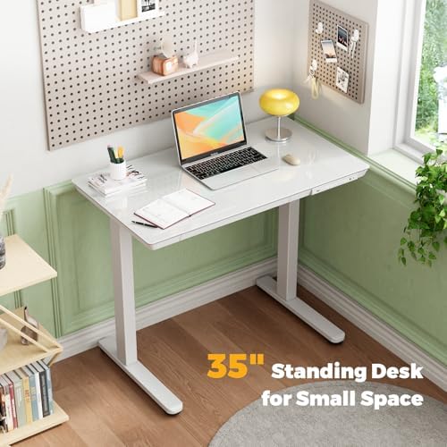 35" Electric Standing Desk with Drawer, One-Piece Glass Top