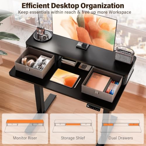 Kingant 40x24 Inch Electric Standing Desk with Dual Drawers, Black