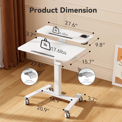 28" Mobile Standing Desk, Tiltable Top with 2-Tier Shelves, White