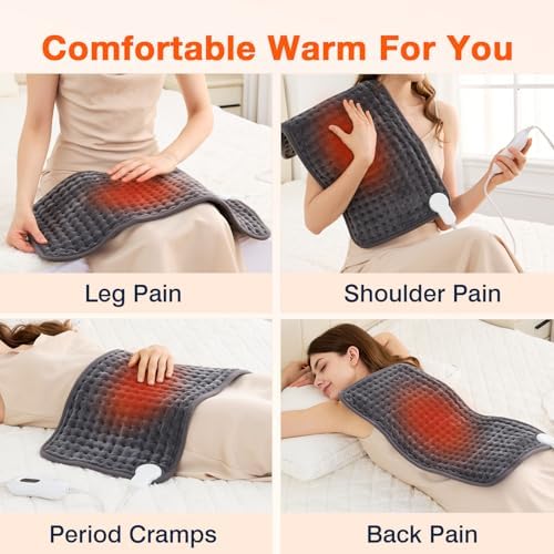 Dry & Moist Heating Pad for Back, Neck, Shoulders, Knees, Period Cramps, Sore Muscles, Soft Electric Heating Pad, Fast Heating,4 Heat Levels, Auto-Off, Machine Washable,Perfect Gifts (Grey,12"x24")