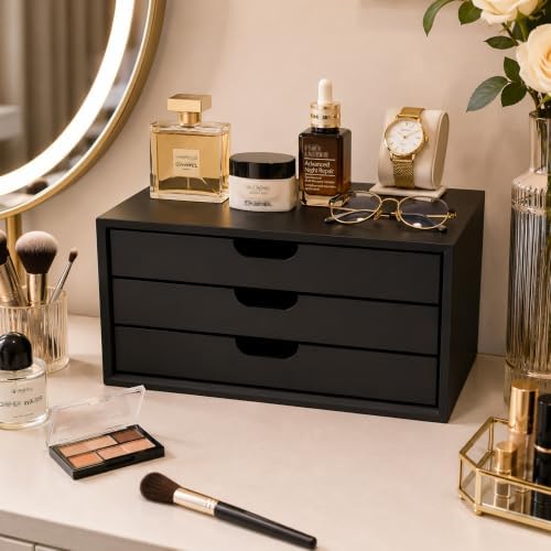 LitaEther Desk Organizer with 3 Drawers, ALEX Drawer Unit, Chic Black Wood Cosmetic Makeup Organizer for Office Vanity Tabletop Storage 13.8"X 6"X10.2"
