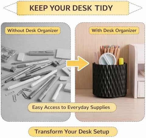 Black Pen Holder for Desk, 360° Rotating Pencil Organizer, 5 Slots