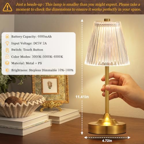 Gold Cordless Rechargeable Table Lamp, Battery Operated, Crystal, Small