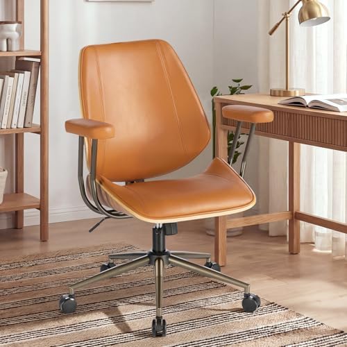 Modern Mid Back Office Chair, Adjustable Swivel Desk Chair with Arms, Brown