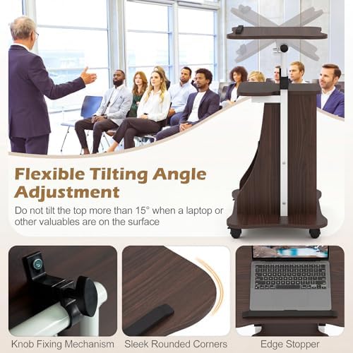 Tangkula Rolling Lectern Podium Stand, Height Adjustable Laptop Table with Tilting Tabletop & Storage Shelves, Compact Standing Desk with Lockable Casters for Home Office School (Brown)