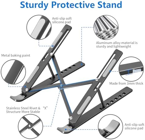 Laptop Stand for Desk, Aluminum Metal MacBook Stand，Computer Riser for Desk, Portable Foldable Adjustable Notebook Holder, Compatible with 10-15.6 Inch Laptops, iPad, Space Gray.