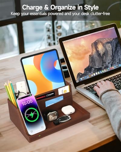 Fast Wireless Charging Station with Desk Organizer for iPhone 17/16/15/15 Pro/14/14 Pro Max/14 Pro/14 Plus/13/13 Pro Max/13 Pro/and iPhone 12/11 Series, Nightstand Desktop Organizer, Brown
