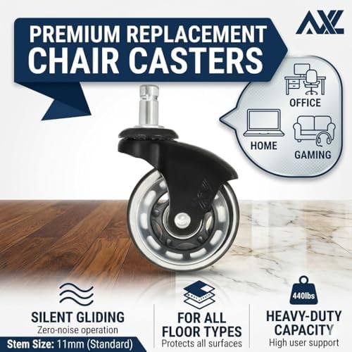 AXL Office Chair Caster Wheels Replacement - Silent Inline Skate Style Chair Casters (Set of 5), Safe for Hardwood Floors & Carpet, Universal Fit (Black/Clear)