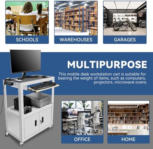 Auto Dynasty Utility Steel AV Cart, Height Adjustable Rolling AV Cart with Locking Storage Cabinet and Pullout Keyboard Tray for Video Projector Laptop Computer, 18" x 32" x 42", 3 Outlets, Grey