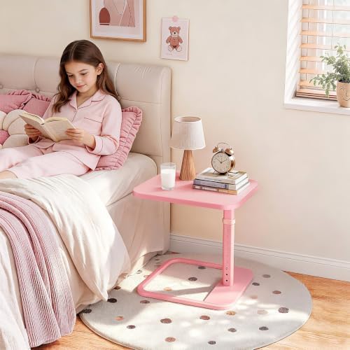 Kitstorack TV Tray Table, Adjustable Height & Rounded Metal Corners, Snack Table for Couch, Sofa, Bed, Chair, Living Room, C Shaped End Side Table for Eating, Dinner or Laptop, Small Spaces, Pink