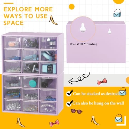 Wenqik 2 Pcs Mini Storage Drawers with 9 Clear Drawers, Purple