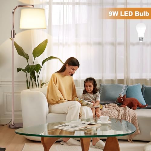 Ambimall Fully Dimmable Floor Lamp with 9W LED Bulb - Standing Lamp for Living Room with Adjustable Head, Modern Tall Light with Rotary Switch for Office, Brown and White