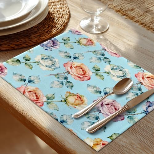 Shrahala Flower Set of 6 12 X 18 Inch Linen Placemats, Beautiful Flower Pattern Beauty Blossom Bouquet Elegant Floral Burlap Table Mat Washable Double Layered Heat Insulation for Indoor/Outdoor