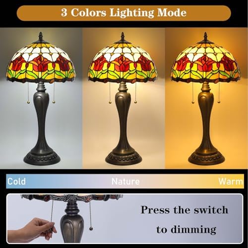 Stained Glass Table Lamp, Red Tulips Style Lampshade Reading Light 12X12X22 Inches, Adjustable 3 Color Temperature Decor for Bedroom Living Room