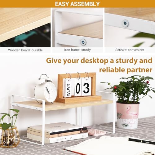 YGYQZ Desk Shelf Organizer for Top of Desk, 1-Tier Desktop Bookshelf, White & Wood