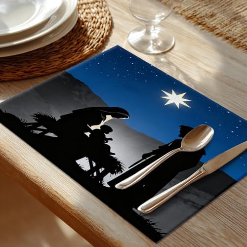 Shrahala White Christmas Christian Baby Set of 6 12 X 18 Inch Linen Placemats, Light Purple Bethlehem Star Burlap Table Mat Washable Double Layered Heat Insulation for Indoor/Outdoor