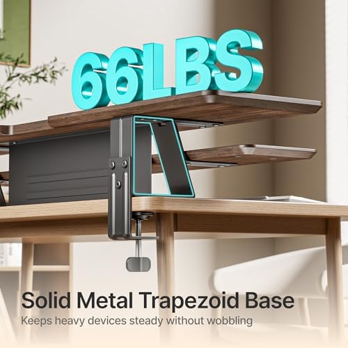 Dual Clamp-On Wooden Monitor Stand, 41.7" 2-Tier Desk Riser Organizer