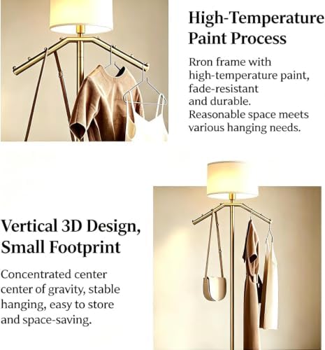 Gold Floor Lamp with Coat Rack, 3 Color Dimmable Standing Lamp with Hooks, Standing Floor Reading Light with Soft Linen, Freestanding Clothing Hanging Tall Lamp for Entryway Hallway Bedroom Apartment