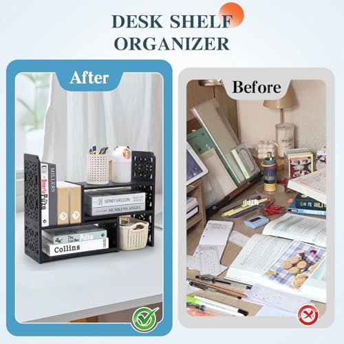 EARTHSON Desk Organizer Shelf, Expandable Bookshelf for Desk, Small Desktop Bookshelf, Mini Cute Adjustable Office Desk Shelves, Black