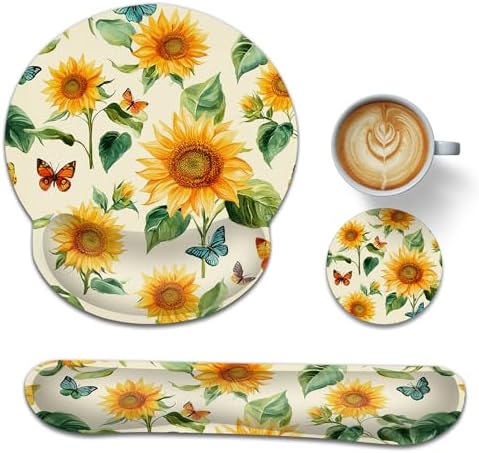 Sunflowers Keyboard Wrist Rest Pad Ergonomic Mouse Pad Set,Butterfly 3 in 1 Memory Foam Mouse Pad with Non Slip Base for Office and Home