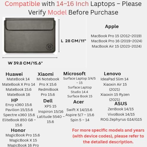 Silver 3-in-1 Laptop Sleeve 14-15.6 Inch ONLY, MacBook Air Pro 15 Surface Dell XPS HP Spectre Magnetic Closure Adjustable Mouse Pad Waterproof Portable, Not for 11-13”