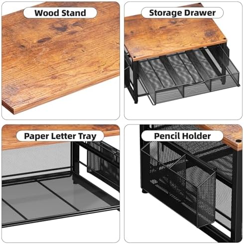 Marbrasse Wood Printer Stand for Desk, 2-Tier Desktop Printer Table for Home Office, Printer Stand with Storage Drawer 2 Pen Holders, Multi-Purpose Desk Organizer for Fax Machine Scanner(Wood Brown)