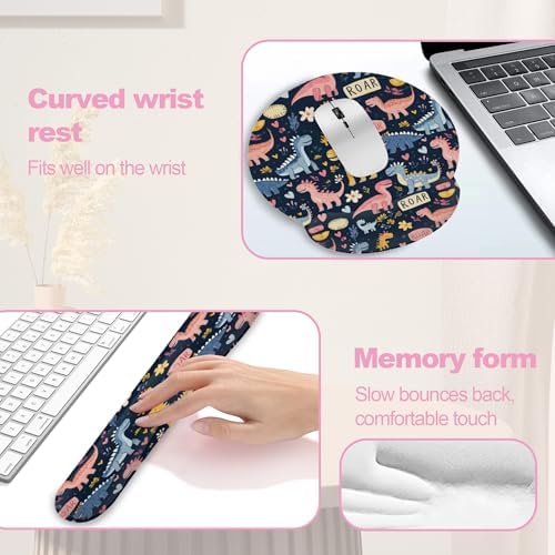 Cute Dinosaur Mouse Pad with Wrist Rest Set, 3-in-1 Wrist Support Mousepad Set, Gaming Mat Pad with Anti-Skid Base,Ergonomic Memory Foam Mouse Pad Set for Women, Office, Typing, Gaming