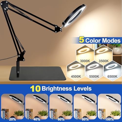 15X Magnifying Glass with Light and Stand, 2-in-1 Lighted Magnifying Desk Lamp Dimmable Magnifier Lamp with Light and Clamp Long Arm 84PCS LED Beads Real Glass Lens for Work Close Work Hobby