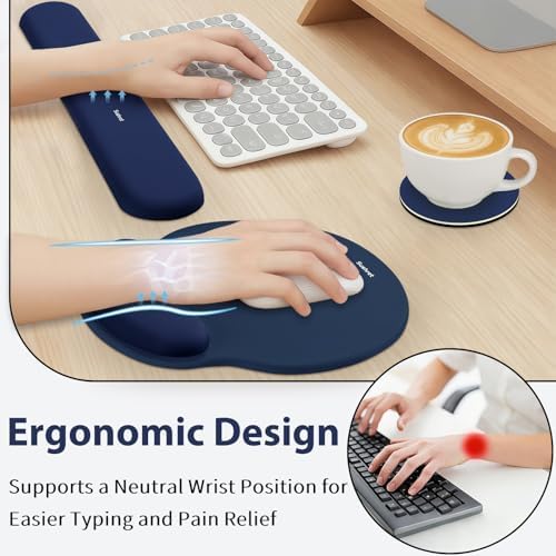 Sushret Mouse Pad and Keyboard Wrist Rest, 3-in-1 Gel Memory Foam Ergonomic Mouse Pad with Wrist Rest Set, Gaming Mousepad Arm Cushion Support for Computer Office Desk Accessories Cute Setup,Dark Blue