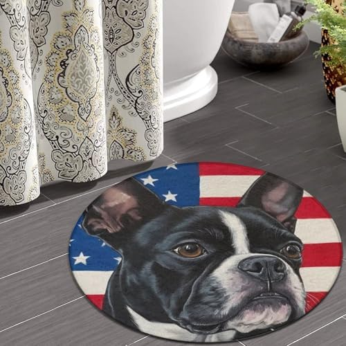 Large Round Area Rug Home Decor Modern Bathroom Rug Kitchen Office Circle Rug for Living Room Sofa Circle Cute Mat American US Flag Boston Terrier, 60inch