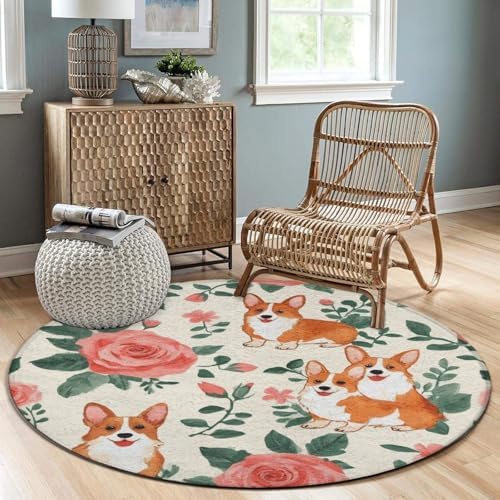 Circular Rugs Large Modern Round Area Rug Fashion Decor Mat for Home Office Floral Flowers Cute Corgi