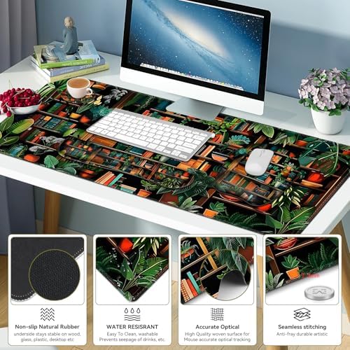 Mouse Pad with Wrist Support 4 in1 Set, XXL Big Game Mousepad + Keyboard Wrist Rest + Mouse Wrist Rest Pad +Coaster Gaming Mat for Home Office Work Computer Laptop PC I Green Vine Book Forest