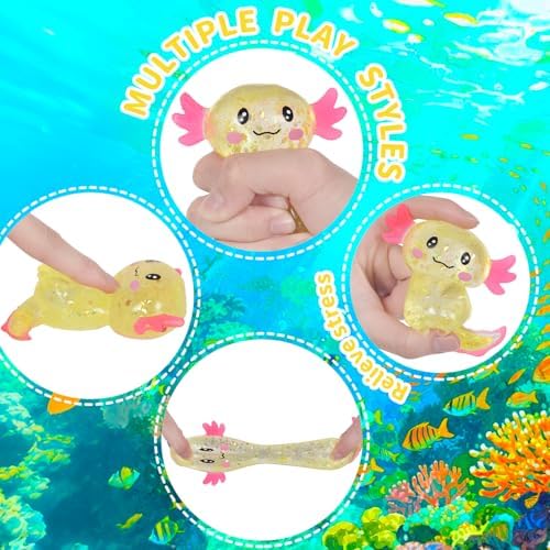 Axolotl Squishy Stress Relief Toy Glitter Fidget Toys Cute Malt Sugar Axolotl Toy Fidget Toys Adults Fidget Toy for Kids Youth Adult, Party Favors Anxiety Relief Squishy Toys(Yellow)