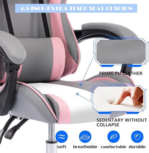 Gaming Chair with Massager, Fabric Gaming Chairs for Adults, Ergonomic Gamer Chair with Adjustable Headrest and Lumbar Support, Reclining Computer Game Chair, High Back, Frost Pink