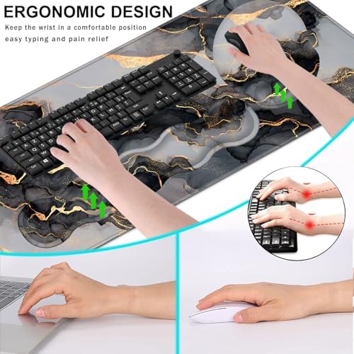 Mouse Pad,Large Pink Desk Mat, 4in1 XXL Mousepad + Keyboard Wrist Rest+Mouse Wrist Rest+Coaster Set with Ergonomic Desk Pad for Home Office Table Computer-Black Golden Marble