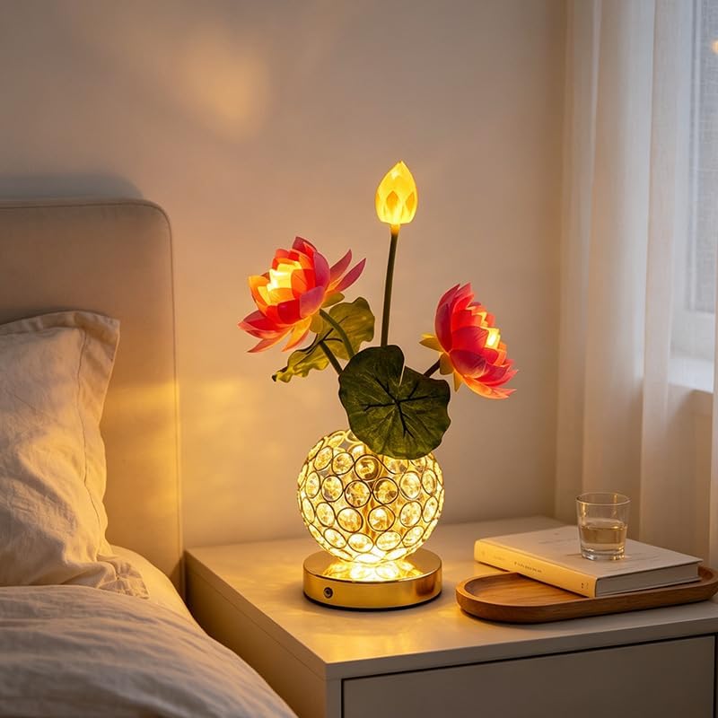 Lily Flower Lamps, Rechargeable Cordless Small Desk Lamp, 3 Colors Dimmable Artificial Flowers Night Light, Fake Bouquet 3 Lilies with Crystal Vase for Home Date Party Decoration (Pink - Lotus)