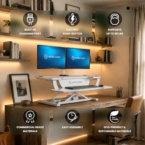 VERSADESK PowerPro 48 Inch Electric Standing Desk Converter – Push-Button Height Adjustable Sit to Stand Desk Riser for Multiple Monitors – Motorized Desktop Workstation with Wide Keyboard Tray, White