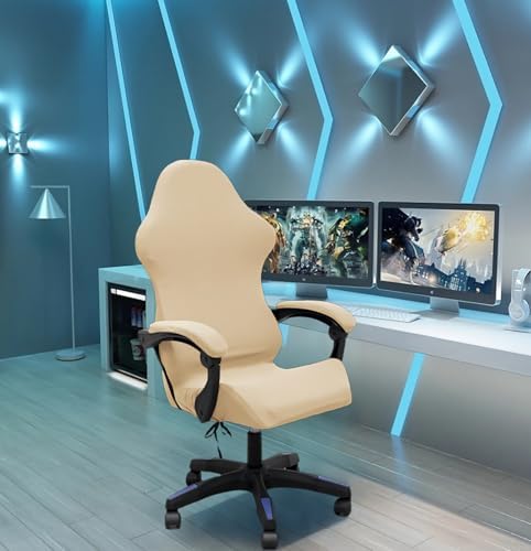 Gaming Chair Cover Set with Armrest Covers, Stretch Ruffled Slipcover for Racing Office Computer Reclining Chairs (Beige)