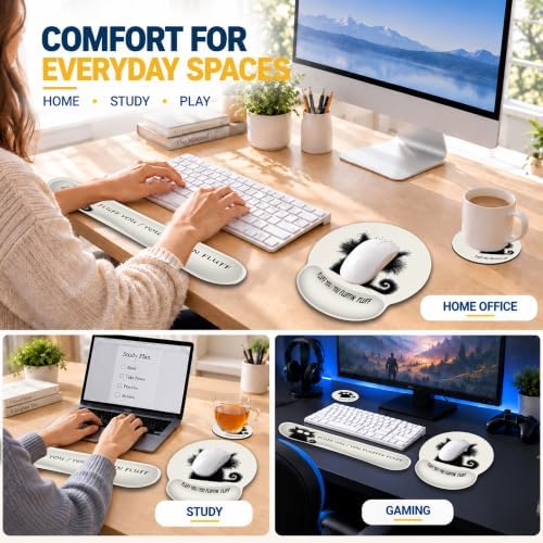Funny Black Cat Ergonomic Wrist Rest Mouse Pad Set with Keyboard Cushion