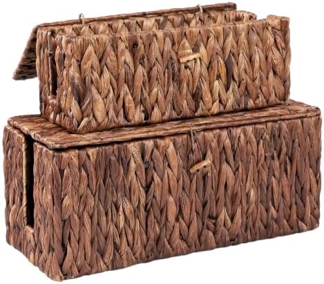 Cable Management Box with Lid, 2Pack Handwoven Real Water Hyacinth Cord Hider Organizer Boxes,2 Side Open Slots Storage Box to Hide Cords Power Strip for Desk, Floor, Office