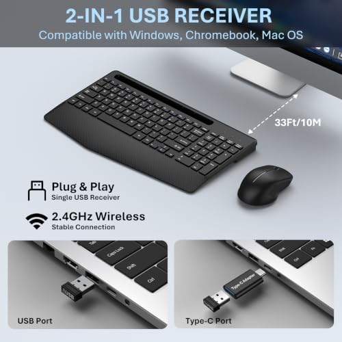 Rechargeable Silent Wireless Keyboard and Mouse Combo, Ergonomic Wrist Rest & Phone Tablet Holder, USB-C Adapter Included, 2.4G Lag-Free Cordless Set for Windows Mac Laptop PC Home Office (Black)