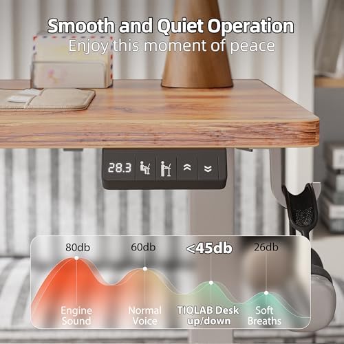 TIQLAB Standing Desk L Shaped, 63x55 Inch Adjustable Height, Electric Stand Up Desk, Corner Sit Stand Desk with Splice Board, Light Rustic Brown
